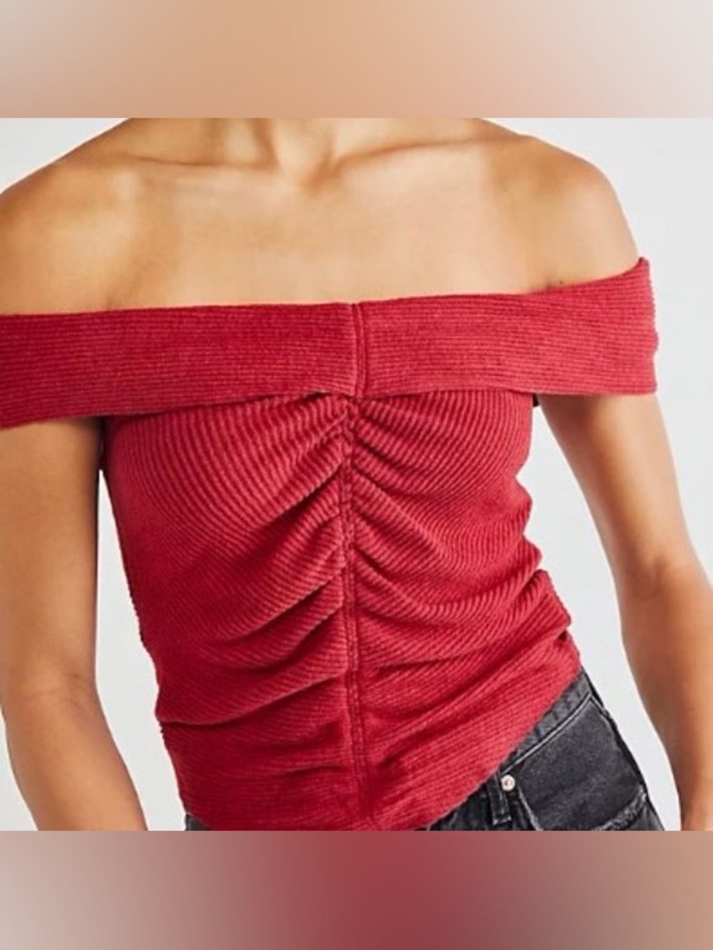 Free People | Red Ruched Ribbed Knit Off-Shoulder Top NWT - Picture 1 of 8